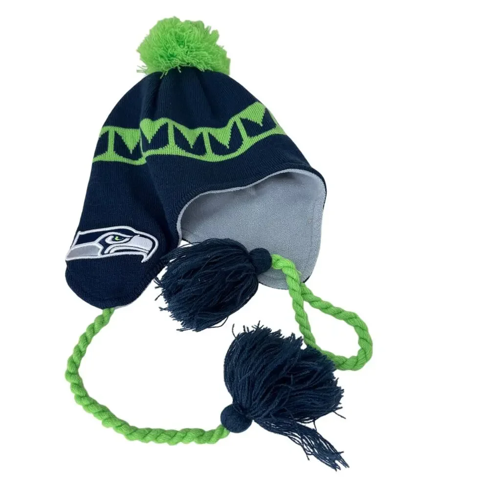 New Era Seattle Seahawks Jacquard Tassel Beanie Hat with Pom Blue Green‎ Youth